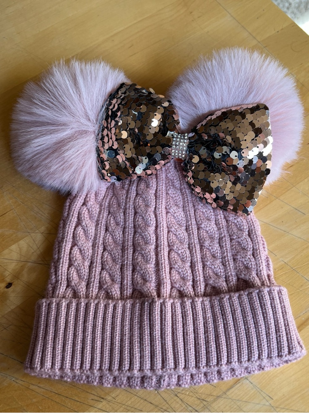 Pink Double Pom Toddler Beanie with Sequin Bow
